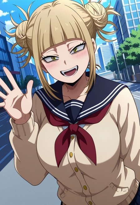 general,highres, ultra-detailed,very aesthetic,best quality ,best hands,best eyes,easynegative,
dynamic anglre, dutch angle, anime cloring,anime screencap,
1girl solo,looking at viewer,city,outdoors, smile, open mouth, waving hand, 
Himiko Toga,blonde_hair, hair buns, messy hair, short_hair, yellow eyes, huge_breasts,school uniform,