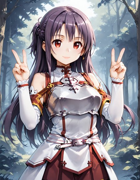 score_9, score_8_up, score_7_up, source_anime, <lora:add-detail-xl:1>, good anatomy, masterpiece, amazing quality, ultra detailed, good hand
BREAK <lora:Knights-of-the-Blood-Oath-uniform:1> Knights-of-the-Blood-Oath-uniform
BREAK <lora:takasu-miyabi_Prima_Stella_Atelier_Kaguya:0.7>  miyabi, purple hair, half updo, red eyes, large breasts,
BREAK 1girl, standing, hands up, double v, smile, in forest,