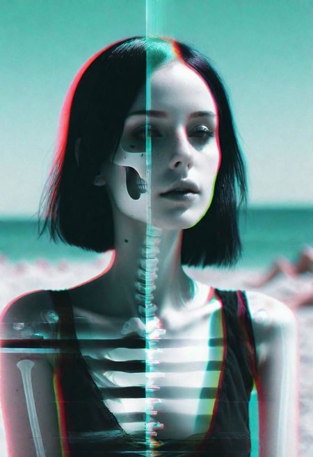 hyper realism, IR photo, light leaks, (split screen overlay , x-ray view:1.3), double exposure, (glitched image:1.2), a glitched out beautiful goth model relaxing on a sunny beach, pixelation, sinusoidal distortions, screen tear, post modern deconstruction, molecular view, vibrational spiral signals, (overlay, split screen image:1.1), abstractions, experimental, professional, highly detailed, thought-provoking masterpiece