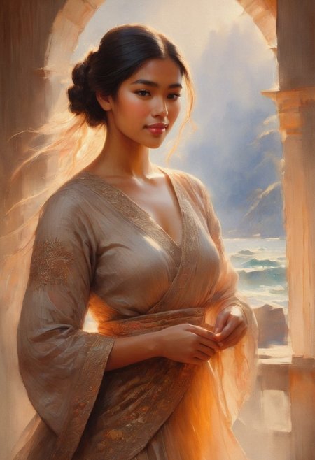 (Oil painting) ((Khmer woman)) artisan with glowing clear skin and a gentle smile, standing in a sunlit workshop. her long hair cascading softly around her shoulders. The warm golden light streams through large windows, casting intricate shadows on her body. (Thai woman with a Strong wiry muscular busty build), Beautiful sexy busty. Her full lips curve into a gentle smile. Long, silky black hair frames her heart-shaped face.  Strong hands delicately working on an intricate craft piece.  Her graceful magical movements and posture exude confidence and skill. Sun-kissed highlights accentuate her curves. Sun-kissed highlights illuminate her face and arms, while soft warm shadows play across the background. The scene captures a romantic atmosphere, inspired by the styles of Winslow Homer and Thomas Eakins.
edwardhopperembed, Winslow Homer Style, woman, Watercolor on textured paper