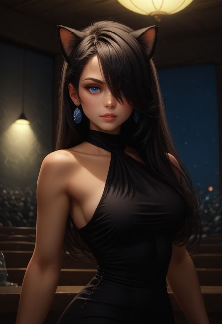 score_9, score_8_up, score_7_up, detailed, 1girl, solo, intricate details, chromatic aberration, realistic, long hair, black hair, cat ears, hair over one eye, blue eyes, earrings, sharp eyes, black halter top mini dress, night time, inside a crowded night club, neon lighting, dim lighting,  looking at viewer