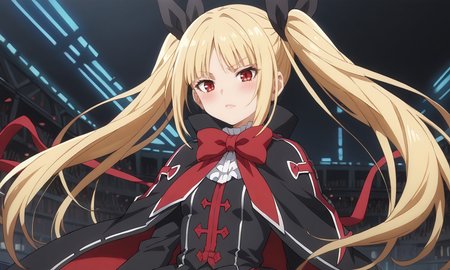 score_9, score_8_up, score_7_up, score_6_up, score_5_up, score_4_up, source_anime, anime screencap, masterpiece, insanely detailed, detailed background, zPDXL3, BREAK, RachelAlucardBB,1girl,solo,long hair,blonde hair,red eyes,red bow,ribbon,twintails,black hair ribbon,small breasts,frills,red bow,ghotic fashion,black capelet ,red cross pattern,black dress