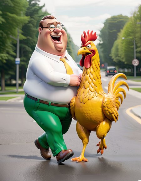 Family Guy Peter Griffin being chased by giant yellow anthropomorphic rooster,  green pants, white shirt, 16k, extremely realistic