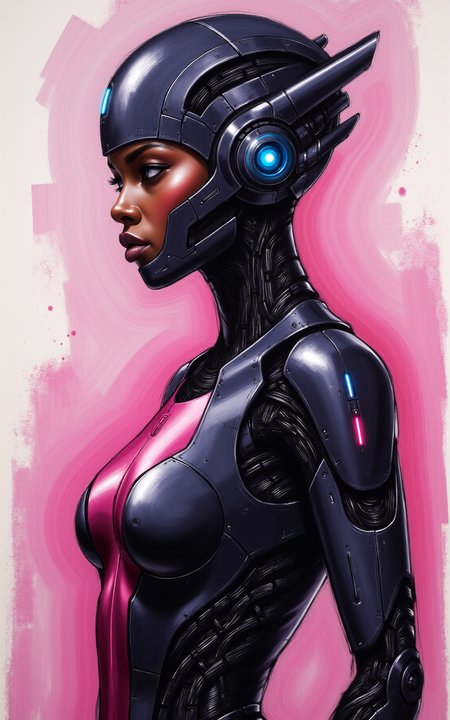 YFG-SRS, rbcharc0al, an Oil painting of an adult female African cyborg, cyberpunk themed, dark cyberpunk, cyberpunk style, robot body, cyborg body, exposed circuitry, electromechanical, thin build, piercing mechanical eyes, 8k, semi-wide angle, pink blue red purple hues, mid range view, masterpiece, knife painting textures, painted background, science fiction.
