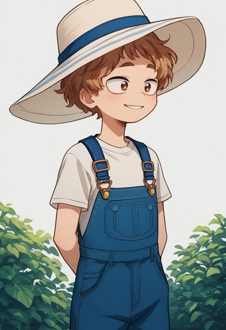 score_9, score_8_up, score_7_up, source_anime, highly detailed, cute boy, 1boy, solo, young, katsuma, sun hat, curly hair, light brown hair, brown eyes, white t-shirt, knee length overalls, hands behind back, shy smile