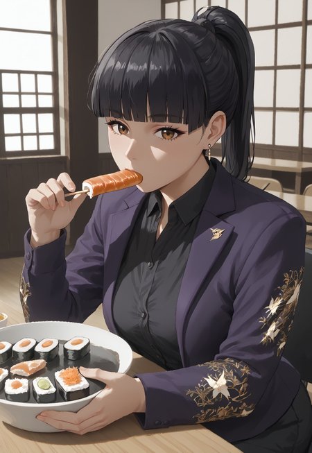 safe_pos, score_9, score_8_up, score_8,indoors,japenes cafe,portrait,AzamiR6S,1girl,adult,sitting,feeding ,eating,sushi,mouth full,looking at viewer,beautiful face,beautiful eyes, brown eyes,black hair, blunt bangs, ponytail, black eyeliner, single earring,(curvy:1),small breasts, purple jacket, print jacket, black collared shirt
