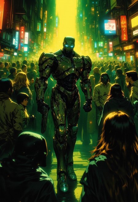 cinematic film still (cyberpunk 2077 themed:1.1), (cluttered nightclub full of dancing cyborg people:1.1), angry ocprobocop Robocop man entering throught the front door, frontal view, sharp focus, neon lights, (spotlights:1.2), party, disco, (bar:1.1), (intricate details:1.1), (dirty and gritty image:1.2), (high contrast:1.2), green, yellow, <lora:hjocprobocop_v10xl:0.8> . shallow depth of field, vignette, highly detailed, high budget, bokeh, cinemascope, moody, epic, gorgeous, film grain, grainy
