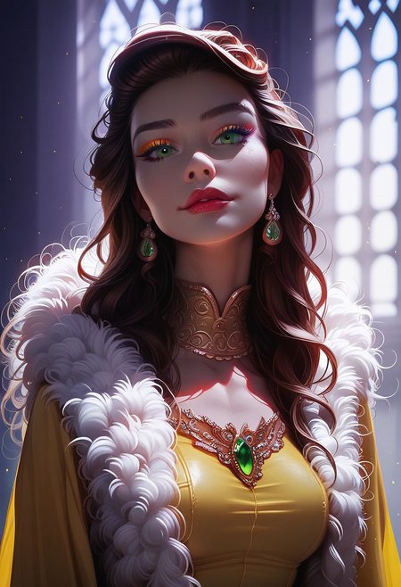 score_9, score_8_up, score_7_up, solo,  1girl, 24 y.o, Belle Princess, cinematic, Depth of field, bokeh, best_quality, cinematic, light particles, highly_detailed, very_aesthetic, beautiful_and_aesthetic, top_quality, hyperrealistic, photorealistic, 8K, ultra detail, curves, sexy, body shaper, yellow dress, Ball dress, afterglow expression, bioluminescent details, wearing a feather boa, slender waist, carrying light eyebrow gel with gloss cream lipstick, stylish brown bun hair, long hair, colored eyeliner, green eyes, face focus,