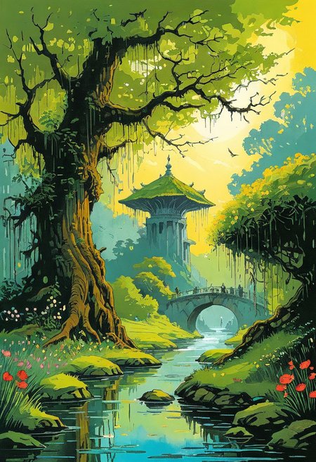 <lora:kallmekris:0.5> kallmekris mixed with <lora:esme_sdxl:0.5> esme , fantasy, fantasy art, A mystical forest filled with ancient trees, glowing flowers, and ethereal creatures like fairies and talking animals. animals, fairies, magical creatures, fantastic beasts,  The atmosphere is both enchanting and eerie, with shadows of lurking dangers. In the center, a gateway to different realms. Bengali landscape, Indian landscape,, i oil painting, palette knife soft brushstrokes, heavy strokes, dripping paint, art station on trend, sharp focus, intricate details, highly detailed ,art by enki bilal, art by philippe druillet, art by moebius, inspired by french comics art ,art by Jakub Rozalski,