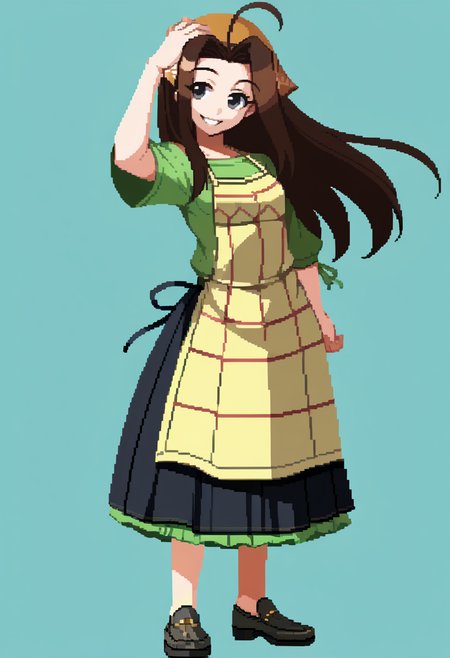 score_9, score_8_up, score_7_up, source_anime, BREAK, solo, 1girl, smile, looking at viewer,  <lora:Under-Night-In-Birth-SpritesV2-pdxl_Fp:1>, simple background, full body, standing,  <lora:Celia-pdxl_Fp:1>, celiahm, brown hair, grey eyes, ahoge, long hair, bandana, green shirt, apron, skirt, hand on own hip, head tilt, hand on own head,