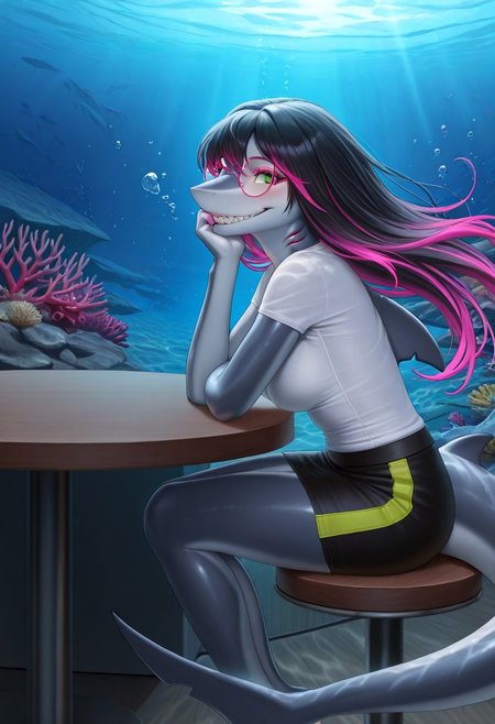 masterpiece, best quality, amazing quality, very aesthetic, high resolution, ultra-detailed, absurdres, newest, scenery, furry, anthro Shark, blushed, blush, blushing, detailed background, detailed hair, depth of field, slick glossy skin, photorealistic details, photorealistic , volumetric lighting, grin, sharp teeth, black hair, pink highlights, green highlights, smooth hair, silky hair, straight hair, thick eyelashes, pink eyeshadow, green eyes, fins, pink lips, Detailed face, detailed eyes, petite body, petite, suggestive smile, gills on neck, shiny hair, glossy hair, shark tail, fingernails, pink nail polish, medium breasts, shark ears, looking at viewer, cinematic lighting, dynamic lighting, t-shirt, miniskirt, sitting behind table, round glasses, pink glasses, hands on table, date, on date, dating, sitting, sit, ((underwater, air bubbles, air bubble, floating hair, underwater cafe, underwater effect, water refraction, light ripples, water light ripples, underwater light patterns, dappled light, underwater light, completely submerged, submerfed cafe)), round cafe table, deep underwater, (ocean floor, underwater, deep sea, ocean depths, marine life, submarine landscape, coral reef, sea bed, abyss, underwater world, deep ocean, ocean trench, subaquatic, undersea, underwater scenery, sea floor, aquatic ecosystem), sit, sitting, sits behind table