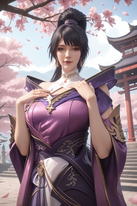 score_9, score_8_up, score_8, source_real,real skin, rating_explicit, mature female, ExpresiveH, best quality, unreal engine,game,cg, very aesthetic, CG, masterpiece, ultra high res, highres, More Details, high rating,Intricate and refined delicate details,  looking at viewer,
<lora:age_slider_v4:4>,
 <lora:moyuxin:1>, 1girl, solo, ponytail, upper body, purple dress, jewelry, black hair, long hair, dress, earrings, east asian architecture,  Cherry blossom, tree, hand on own chest,