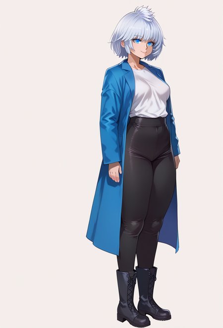 score_9, score_8_up, score_7_up, source_anime, rating_explicit, detailed, perfect, perfection, hands,
white background,
full body,
 <lora:hand 4:1> <lora:Anna_Sigrid_A.K.A_Snow:1>
BREAK
1girl, solo,
standing,
medium breasts, thick thighs, wide hips, huge ass,
blue eyes, white hair, short hair,
white shirt, black pants,
black boots, (blue coat:1.2),