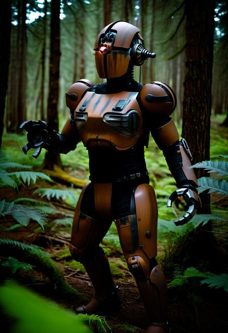 easynegative, extremely detailed, dark, chiaroscuro, low-key, AssaultronCosplay, zavy-strps, a brown assaultron robot, ((the assaultron has black stripes painted on its armor)), ((tiger stripe pattern)), in the forests of Oregon