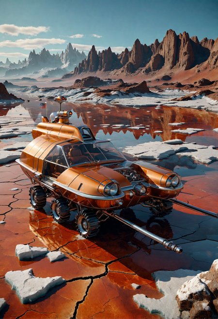 retro-futuristic aesthetics, retro design moonrover vehicle on alien landscape surface mostly made up of bright water ice with reddish-brown cracks slicing the surface, crisscrossed by long, linear fractures, cracks, ridges, and bands <lora:retro_XL_2:1>