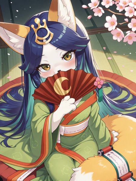 fairy tail - luna,animal hands,body fur,animal nose,fox girl,1girl,hand fan,solo,flower,blush,furry female,covering mouth,looking at viewer,holding hand fan,sitting,gold hair ornament,green kimono,tail ornament,from above,head tilt, 
masterpiece,best quality,amazing quality,very aesthetic,absurdres,newest,<lora:Fairy Tail - Luna illuXL v1:0.75>,