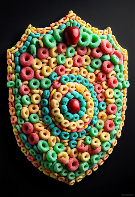A photorealistic image of a majestic shield (made of fruit loops:1.2),
intricate details, dramatic composition, tension, contrast, texture, realism, high quality, stunning art, film grain, volumetric lighting, detailed, 
simple background, black background,