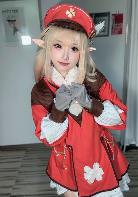 (masterpiece, best quality),  (photo realistic:1.55),(ulzzang-6500:0.65),detailed,  pointy_ears, hat, blurry_background, solo, blurry, 1girl, blonde_hair, hat_feather, elf, photo_\(medium\), gloves, klee_\(genshin_impact\), backpack, realistic, bag, depth_of_field, red_headwear,mittens,upper body,selfiemirror,(((arm around back))),