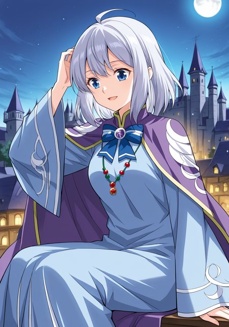 <lora:Dan_Chen__Battle_Through_the_Heavens__Illustrious:1>
1girl, solo, silver hair, short hair, ahoge, anime style, bangs, soft expression, blue eyes, 
long robe, traditional clothes, fantasy outfit, purple cloak, wide sleeves, long sleeves, sleeves past fingers, blue inner dress, gradient design, moon pattern, decorative embroidery, formal uniform, layered clothing, blue bowtie, ribbon brooch, gemstone brooch, bead necklace, moon-themed outfit, detailed trim, 
score_9, score_8_up, score_7_up, very aesthetic, source_anime, detailed, high quality, beautiful, masterpiece, detailed eyes, castle, village, blurry background, cityscape, pose dynamic angle, light smile, open mouth, hand on hair, sitting