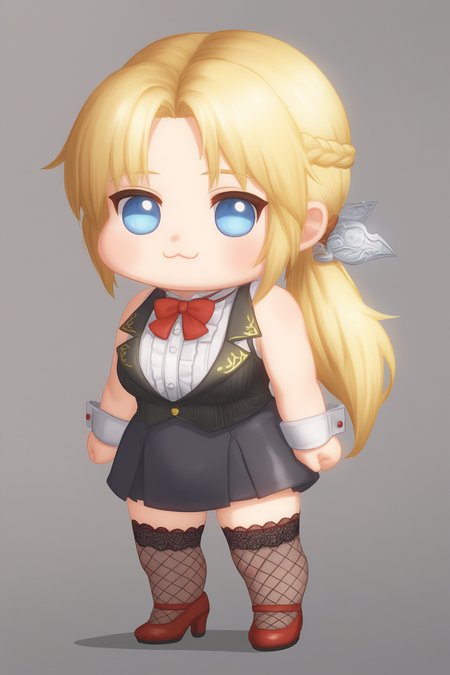 score_9,score_8,score_7_up,ultra detail,doro, creature, :3, chibi,no humans, white skin, solid circle eyes, no pupils, four legs
helena \(doa\), 1girl, solo,low ponytail, forehead, curtain bangs, sidelocks,blonde_hair, 
black hair bow, lace hair bow, 
bowtie, dark_red_bowtie, 
white shirt, ruffled shirt, mandarin collar shirt, sleeveless shirt, shirt under vest, shirt tucked in, 
yellow patterned lapel, black collared vest, lapel vest, vertical-striped vest, button_(fastener), dark grey pencil skirt, high-waist skirt, honeycomb_pattern_skirt, 
white wrist cuffs, 
fishnet thighhighs, lace-trimmed thighhighs, dark red heels, slingback_heels, crocodile_grain_heels, shoe strip buckle,
 <lora:Doro_X_PDXL_V1:0.8> <lora:doa_helena_pdxl_v10:0.8>