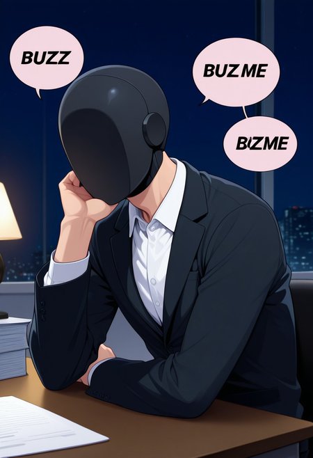 , masterpiece,best quality,amazing quality,very aesthetic,high details, male, male focus
Fit body, (sitting at the desk, bored, support head with hand, speech bubble,english text, talking, "BUZZ ME" in the speech bubble)), (1boy, solo ,(male only), (office clothes:1.4)
indoors , detailed background, night, office, lamp, desk
