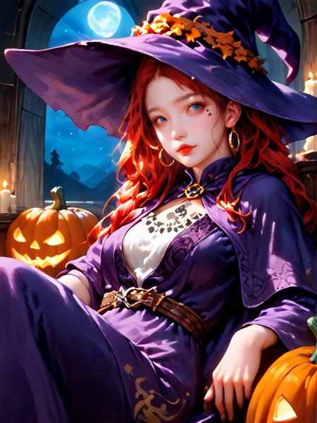 score_9,score_8_up,score_7_up,score_6_up,anime Scores,hyperrealistic,hyperdetailed,anime,PonyScores,(((sfw:2))),
1girl,witch,(bat:1.2),milf,pale_skin,tattoo,snake_pupils,red hair,very long hair,gorgeous hairstyle,lipstick,mole under mouth,narrow shoulders,petite,kawaii,cute,slim,detailed embroidery,hoop earrings,jewelry,night world,detailed background,background light,available light,dynamic_angle,looking_at_viewer,on_side,witch's room,night_sky,star,galaxy,night,on_back,reclining,witch's,wizard robe,wizard hat,Blacked,tattoo,body writing,oily skin,halloween pumpkin,
(((<lora:Blacked:2>))),
