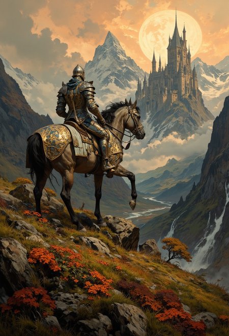 8k high quality digital painting , masterpiece, very detailed, ultra realistic, (best quality) very detailed epic masterpiece, 
unearthly beautiful, a breathtakingly beautiful landscape in the French Alps, in the foreground a shiny knight on his horse watches a beaqutiful castle in the distance, the low yellow-red sun casts long shadows, enchanting landscape, fairytale-like, calm mood, flowers in the foreground, realistic