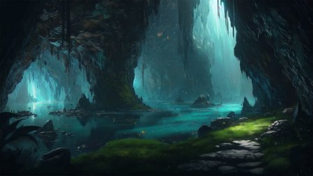 (a vast wide underground cavern:1.2), (extreme long shot:1.1), large mushrooms, (glowing:.7) moss, (dripping water:.3), rock walls, leading down, underground environment, limestone, stalactites, stalagmites, fog, ominous, dark atmosphere, horror, cinematic lighting, (dim lighting:1.2), (ravine:1.2), deep shadows, plant roots, humid, rough uneven terrain, rock wall in foreground,  <lora:FantasyLandscape:.6>,  <lora:epi_noiseoffset2:.4>, art by evan cagle and greg rutkowski,