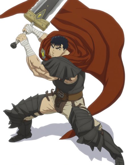 full body, solo, perfect composition, shadows, shading, <lora:anime_screencap-Illustrious:0.5> anime screencap, anime coloring, very aesthetic, absurdres, zPDXL, <lora:Pony_DetailV2.0:0.5> <lora:illustrious_quality_modifiers_masterpieces_v1:1>
<lora:G1t5:1> g1t5, 1boy, male focus, looking at viewer, fierce expression, defined lips, fighting pose, battle stance, slashing sword, dragonslayer sword, holding weapon, greatsword, 
muscles, gldn2g3_outfit, jewel brooch, bandaged arm, black armor, red cape, belt, strapped pants, brown pants, armored legs,
white background, simple background,