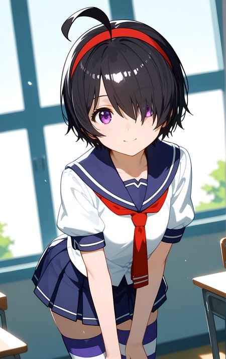 (score_9, score_8_up, score_7_up), standing, leaning forward, looking at viewer, light smile, closed mouth, shiny skin, tight clothes,
ohwx, 1girl, solo, purple eyes, black_hair, hairband, short_hair, hair_over_one_eye, ahoge, red_hairband,
school_uniform, thighhighs, striped_clothes, striped_thighhighs, serafuku, skirt, zettai_ryouiki,
window, sunlight, classroom,
blurry, cowboy shot, dutch angle, close-up,
 <lora:kimi_sato_pony_ss:0.9>