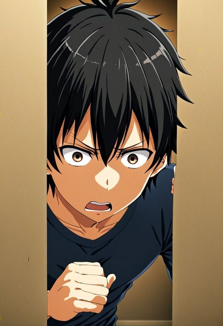 high resolution, solo, best quality, 1Boy, Seiya Kanie, black hair, short hair, thin, surprised, peeking out, OverallDetail