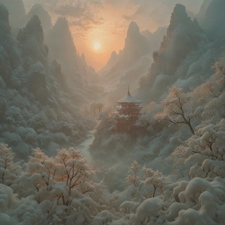 psychodelic scenic japan night landscape, novuschroma73 style, sakura garden, (((winter))), snow, frost, frozen, ice, mountains, lake, perfect composition, sunlight, golden hour, haze, low angle, masterpiece, award winning,, ultra detailed, highly detailed, 8k, uhd, Style-Japan, vivid colours, luminous