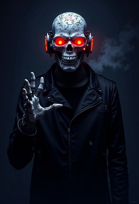 A person with a skull-like mask covered in intricate patterns and glowing red eyes, wearing a black leather jacket, is standing in a dark and shadowy environment. The mask is made of metal and has a futuristic design, with glowing red lights. The person's hand is raised, as if in a gesture of defiance or warning.
[Digital art, cyberpunk style], [Reference: Beeple], [High contrast, dark colors, neon lighting, sharp edges, metallic textures, smoke and fog effects]