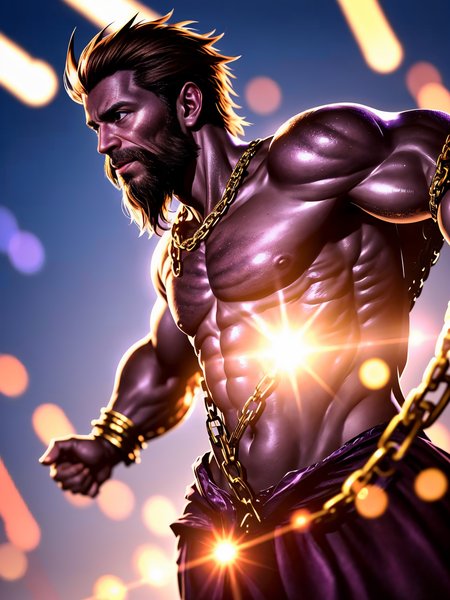 (Realistic:1.5) chain blurry background brown hair simple background long neck saliva trail purple dress monster beard demon horns building multiple boys giant shiny lens flare muscular weapon simple background barefoot black background depth of field what bokeh <lora:EdobFireAlienSoul_v1.0:0.8>