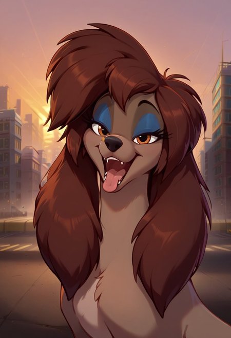 (aerozerorisk), score_9, score_8_up, score_7_up, front view, source_furry, source_cartoon, highly detailed macro illustration, intricate details, high resolution, sharp focus, best render quality, high res, explicit, (city, dock, harbor, sunset, detailed background), solo,  BREAK 1girl, female, (rita_oliver, rita_saluki, feral, saluki, dog, canine female), beautiful, ((beautiful detailed eyes, brown gold eyes)), blue eyeshadow, close-up on face, bust shot, my little pony the movie, (Expressiveh, seductive look, bedroom eyes, smile, mouth open, teeth, tongue out), looking at viewer
