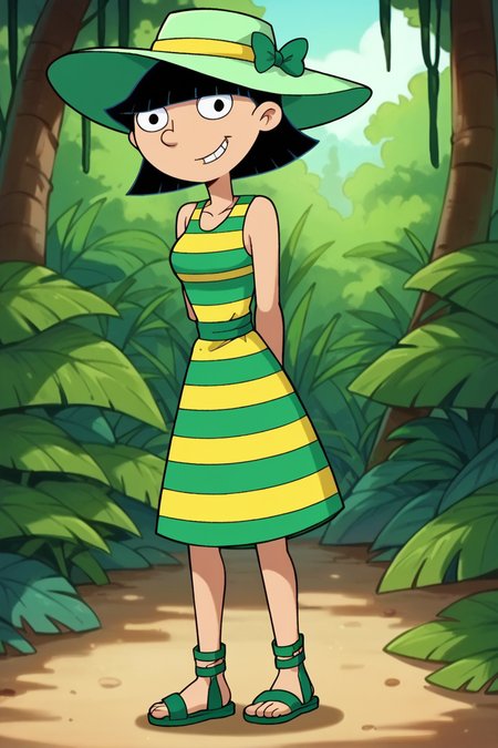 score_9_up,score_8_up,score_7_up,score_6_up,score_5_up,score_4_up BREAK rhonda, 1girl, yellow dress, black hair, smile, short hair, green sandals, striped, blunt bangs, navel, sleeveless, green sun hat, black eyes, green dress, official style,jungle, arms behind back,      <lora:RhondaPony:1>