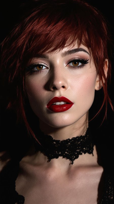 High-fashion beauty editorial close up portrait of a petite, 22 year old, overwhelmingly youthful beautiful woman  delicate natural beauty. She has soft slightly messy hair that frames her face with loose strands ,casual carefree charm, light freckles across her cheeks and nose, youthful and endearing ,, in a dramatic studio setting. Photorealistic close-up, centered composition. She has pale skin and deep red hair styled in a bold, edgy cut. Her expression is a malevolent, sultry smile. She wears bold, high-contrast makeup with sharp eyeliner, dark mascara, and deep red lips. lace gothic choker. Dramatic studio lighting creates sharp contrast and highlights one side of her face. Background is dark and softly silhouetted, creating a mysterious, cinematic mood. Professional photography, medium format camera, fashion lighting, sharp focus
