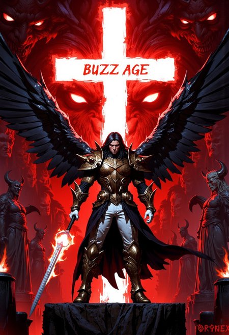 Ultra detailed, high resolution, high quality, masterpiece, intricate details. A striking male archangel with large, powerful wings and long black hair stands confidently at the center, wearing an ornate, shining suit of arcangel armor, white gloves, and white jeans. He holds a blazing, fiery sword, his intense expression conveying a sense of power and mystery. He stands against a dramatic, symbolic background in deep red and black tones. Behind him, a large white cross shape contrasts with the red backdrop, surrounded by ominous, shadowy figures and angelic statues. Haunting, demon-like faces, angelic wings, and surreal, abstract shapes in vivid red create tension and an otherworldly energy. The scene has a dark, gritty aesthetic with strong shadows, high contrast, and a surreal, supernatural vibe. The archangel’s posture exudes strength and resilience, grounded in a setting that blends realism with dark fantasy, with a dark atmosphere and contrasting shadows in a highly detailed anime style. At the top, in bold, vintage lettering resembling a video game title, 'BUZZ AGE' appears, giving the composition the look of a dramatic, supernatural action RPG similar to Dragon Age.