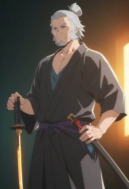 1boy, older male, mature male, An elderly samurai with long, flowing grey hair tied in a loose topknot, his scarred, weathered face exuding wisdom and resolve. He’s dressed in a tattered kimono with muted red and black hues, adorned with battle-worn lightweight armor. His katana, sheathed at his hip, has a rugged hilt wrapped in dark cloth. Rendered in a vibrant anime style inspired by Danmachi—crisp black outlines, soft gradient shading, and a heroic yet grounded presence. The scene is set on a misty battlefield at dawn, with faint warrior silhouettes in the distance and a warm golden glow piercing the fog. Masterpiece, best quality, highly detailed, dynamic composition, dramatic anime lighting. <lora:DanMachi_Style:1>