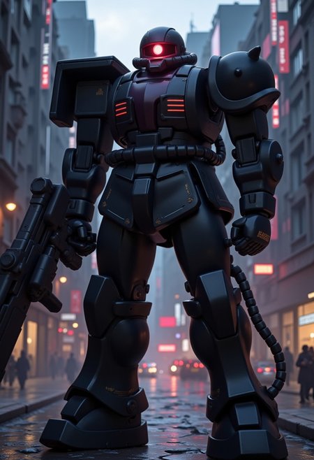 zaku ii, red eyes, facial focus,(((black mobile suit))),professional 3d model of A giant mecha stands in the city. (B-RRS:1.6),full body,(mecha armor:1.5),mechanical parts,robot joints,(holding huge weapon:1),<lora:srd_v2_7_7_m1_D256:1>,, octane render, highly detailed, volumetric, dramatic lighting