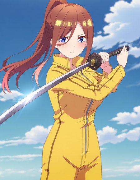masterpiece, best quality, newest, absurdres, highres, safe,, <lora:miku-nakano-honeymoon-ponyxl-lora-nochekaiser:1>, miku nakano, long hair, bangs, brown hair, blue eyes, ponytail, large breasts, anime screencap, <lora:sword-guard-stance-illustriousxl-lora-nochekaiser:1>, sword guard stance, sword, weapon, solo, katana, holding, holding weapon, holding sword, looking at viewer, jumpsuit, yellow jumpsuit, high collar, cowboy shot, pants,, ,