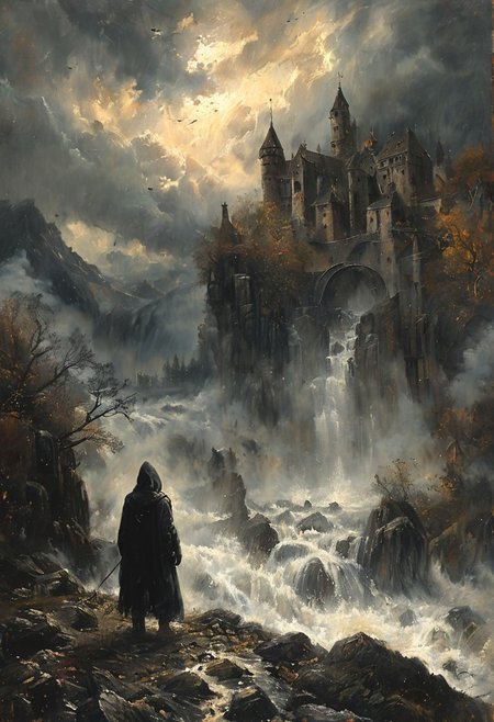 Masterpiece, oil painting, high resolution, dynamic composition, intricate details, highly detailed,  view from behind, wide shot, female rogue, leather armor, bow, tempered cape, hood, rag gloves, in the distance a Gothic castle on a weightless rock, lianas hang from the rock and pieces of rock gravitate aroundraging storm, rain, dark clouds, chiaroscuro techniques, oil painting, precision, precise details, carravage's painting style, rambrandt,  terrifying, horror:1.3, creepy:1.2, sadness