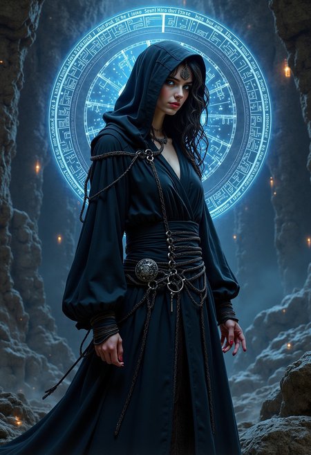Digital illustration. Full body. In a dark fantasy dungeon, a mysterious female , 30yo woman, dark  canvas clothes, canvas hood, slit translucent canvas toga, silver ornaments. Runic circles, glowing particles. Mystic power. glowing eyes. Dimensional portal. Sensual, gorgeous and dangerous. ais-darkpartz. colorful. DarkFantasy. nistyle