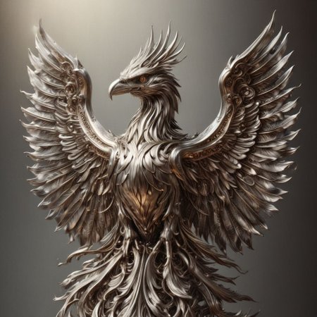Steel/ral-polishedsteel  Phoenix, Diamond Line, (Golden Beak: 1.1), Sharp Focus, Atmospheric Lighting, Highly Detailed, Overall Detail, Ornate, Macro, Shallow DOF, Atmospheric Dust,