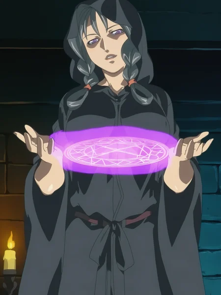 masterpiece, best quality, highres, absurdres, very awa, shiny skin, 
1girl, saki kiriya, standing, cowboy shot, hands up, casting spell, purple magic, magic circle, fire in palm, glowing,
looking at viewer, parted lips, head tilt, 
long hair, braided sidelocks, hair rings, grey hair,  purple eyes, lips,
large breasts,
black robe, hood, 
indoors, room, dungeon, candlelight, stone wall, ceiling,
<lora:Saki Kiriya 3216 NoobAIXL Vpred:1>