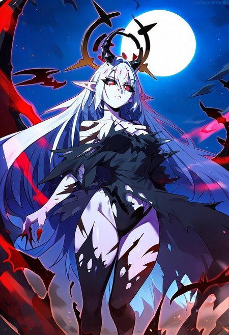 zPDXL3, score_9_up, score_8_up, score_7_up, Anime_source, 
1girl, solo, Bai ji, breasts, long hair, dark sclera, hair between eyes, very long hair, white hair, colored skin, pointy ears, halo, horns, dress, bare shoulders, torn clothes, floating, corruption,tatoo, sky, night, moon, full moon, , Emotionless,devil_horns
