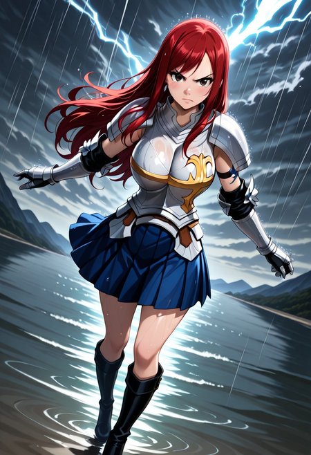 masterpiece, best quality, amazing quality, dynamic view,  solo, dynamic view,  solo, 1girl, masterpiece, best quality, bokeh, luminescent background, 
(erzascarlet,,
 red hair, long hair, earring,  brown eyes, shoulder tattoo, fairy tail tattoo, large breasts,,
 armor, breastplate, gauntlets, pauldrons, shoulder armor, pleated skirt, blue skirt, khee boots, black boots, 
, ), 
outdoors, storm, (rain:1.2), cloudy sky, dark clouds, lightning, wind, spread arms, outstretched arms, full body, dutch angle, cleavage, , scenery, mountainous horizon, wet clothes, wet, wet hair, looking at viewer, wet dress, see-through dress, v-shaped eyebrows, closed mouth