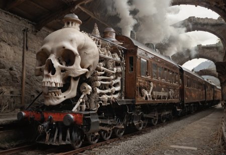 4k photograph, ultra-detailed, detailed shadows, dramatic lighting, close up, a magnificent bone steam locomotive, train, emerging from a dark bone-lined mountain tunnel, giant laughing skull on the fronts, boneswm