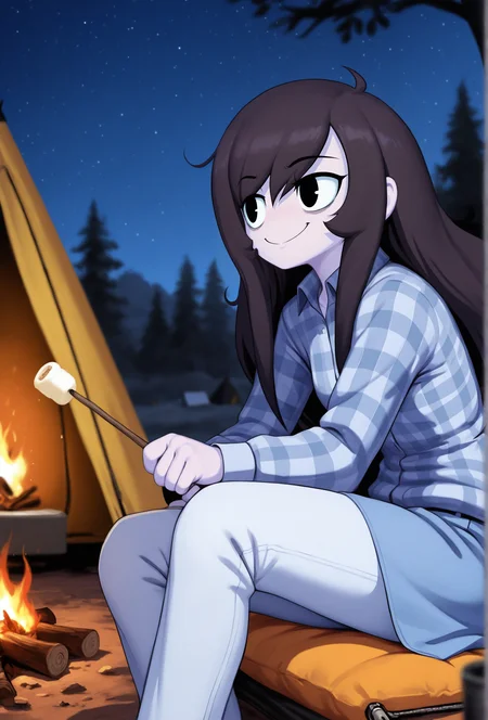 masterpiece,best quality,amazing quality, <lora:rosemary_cabronpr_noob_vpred_v1.1f:1> rosemary, 1girl, solo, black eyes, no nose,bags under eyes, long hair, smile BREAK
(depth of field:1.3), campsite, tent, campfire, night, starry sky, tree, sitting, dark, low lighting, dim lighting, plaid shirt, blue skirt, white pants, jeans, roasted marshmallow, holding stick <lora:chunie_style_illustrious_v1f:1> chunstyle