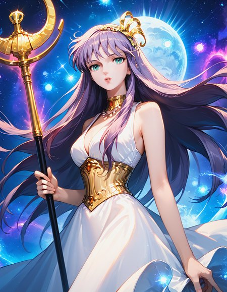 score_9, score_8_up, score_7_up, cowboy shot,
 <lora:SaoriKido_Pony_v21:0.8> _athenakido, purple hair, long hair, aqua eyes, bangs, sleeveless dress, athena accessories, holding staff, 
aura,  cosmic background, parted lips,